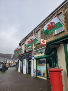 Welsh Flags flying above a row of shops.